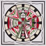 Triangular trees in Christmas colors arranged in a circle