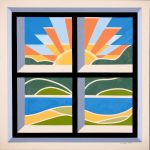 The Attic Window theme depicts a cheerful sunrise overlooking stream and hills. Attic Window barn quilt by Linda Grom, original in acrylic on canvas - at Spy Rock Graphics - SpyRockGraphics.com