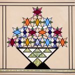 The Basket of Flowers pattern uses simple geometric shapes to depict a colorful subject. Basket of Flowers barn quilt by Linda Grom, original in acrylic on canvas - at Spy Rock Graphics - SpyRockGraphics.com