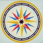 The Compass Rose represents the background of a magnetic compass against which the compass needle tells the mariner the direction the ship is heading. Compass Rose barn quilt by Linda Grom, original in acrylic on canvas - at Spy Rock Graphics - SpyRockGraphics.com