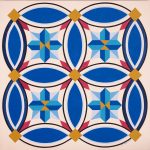 Cathedral Window depicts a common pattern of circles, used in stained glass work and adapted for brightly colored quilts. Cathedral Window barn quilt by Linda Grom, original in acrylic on canvas - at Spy Rock Graphics - SpyRockGraphics.com