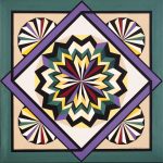 Elaborate porcelain plates imported from Dresden, Germany in the 1920's were the inspiration for many quilt designs such as this one. Dresden Plate barn quilt by Linda Grom, original in acrylic on canvas - at Spy Rock Graphics - SpyRockGraphics.com