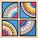 Fans - brightly colored folding paper fans were common place before air conditioning. The fan effect was borrowed to make striking quilt designs in the 1800's. Fans barn quilt by Linda Grom, original in acrylic on canvas - at Spy Rock Graphics - SpyRockGraphics.com