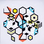 The Hexie Net is a modern rendition of an old theme of hexagons in colors to depict stacked cubes. Can you see them? Hexie Net barn quilt by Linda Grom, original in acrylic on canvas - at Spy Rock Graphics - SpyRockGraphics.com