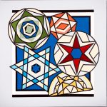 Hexie Stars - These six pointed stars burst out of the frame in variations on the theme. Hexie Stars barn quilt by Linda Grom, original in acrylic on canvas - at Spy Rock Graphics - SpyRockGraphics.com