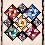 The paper Pinwheel theme is repeated in blocks of different colors in this quilt pattern. Pinwheel barn quilt by Linda Grom, original in acrylic on canvas - at Spy Rock Graphics - SpyRockGraphics.com