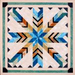 This Rising Sun pattern features a bold central shape with contrasting patches of blue and orange. Rising Sun barn quilt by Linda Grom, original in acrylic on canvas - at Spy Rock Graphics - SpyRockGraphics.com