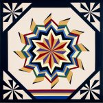 The Running Women quilt block depicted here gets its sense of motion from the pinwheel margin of the central shape. Running Women barn quilt by Linda Grom, original in acrylic on canvas - at Spy Rock Graphics - SpyRockGraphics.com