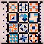 This Quilt Sampler shows 12 popular patterns in contrasting blue, orange, black, and white. Quilt Sampler barn quilt by Linda Grom, original in acrylic on canvas - at Spy Rock Graphics - SpyRockGraphics.com