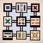 Spools of thread play a double role as an essential material of the quilter and here, the subject of the quilt pattern. Spools barn quilt by Linda Grom, original in acrylic on canvas - at Spy Rock Graphics - SpyRockGraphics.com